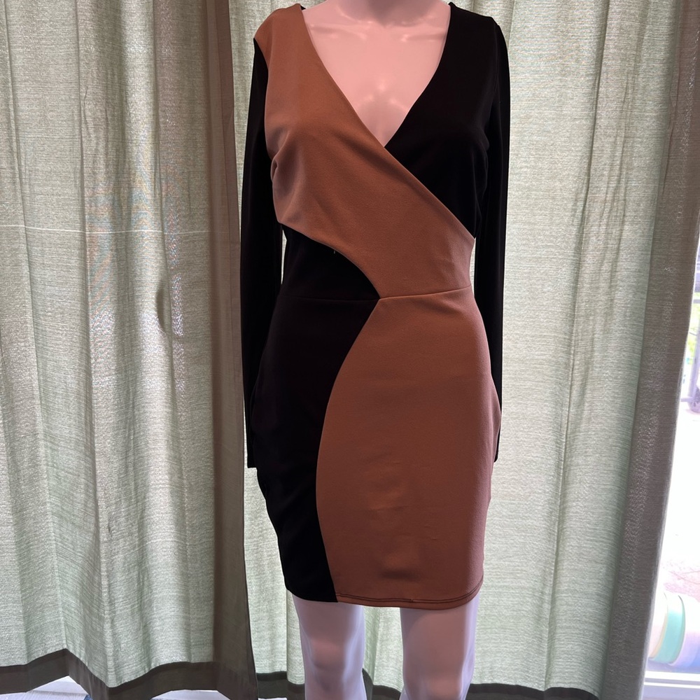 Elegant Black and Tan Wrap Dress